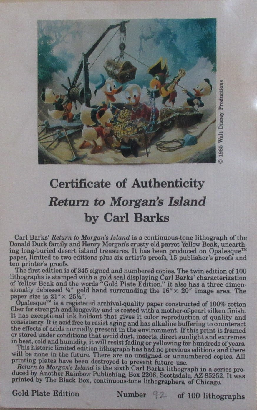 Donald Duck and Uncle Scrooge Return To Morgan's Island Carl Barks Signed Gold Plate Edition